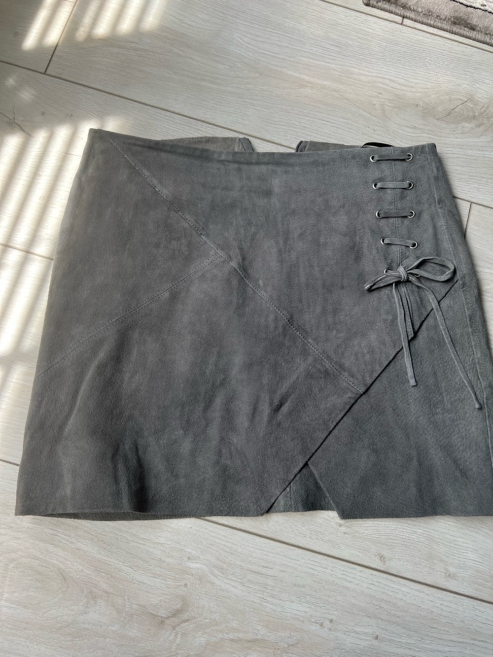 Blank NYC Charcoal Gray Faux Suede Wrap Mini Skirt with Side Lace-Up